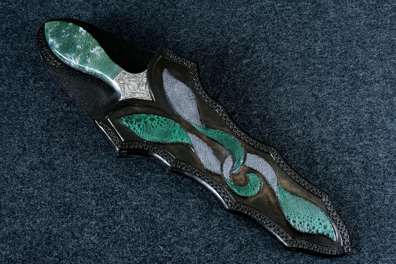 "Achelous" in ATS-34 high molybdenum stainless steel blade, hand-engraved 304 stainless steel bolsters, Indian Green Moss Agate gemstone handle, hand-carved leather sheath inlaid with frog skin