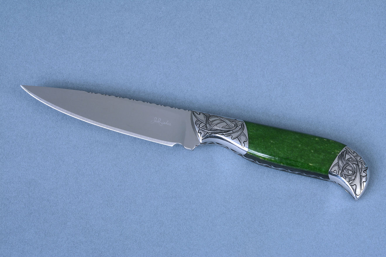 "Antheia" set paring knife: "Corymbus" in mirror polished 440C high chromium stainless steel blade, hand-engraved 304 stainless steel bolsters, Green California Nephrite Jade with black Australian Nephrite jade gemstone handle