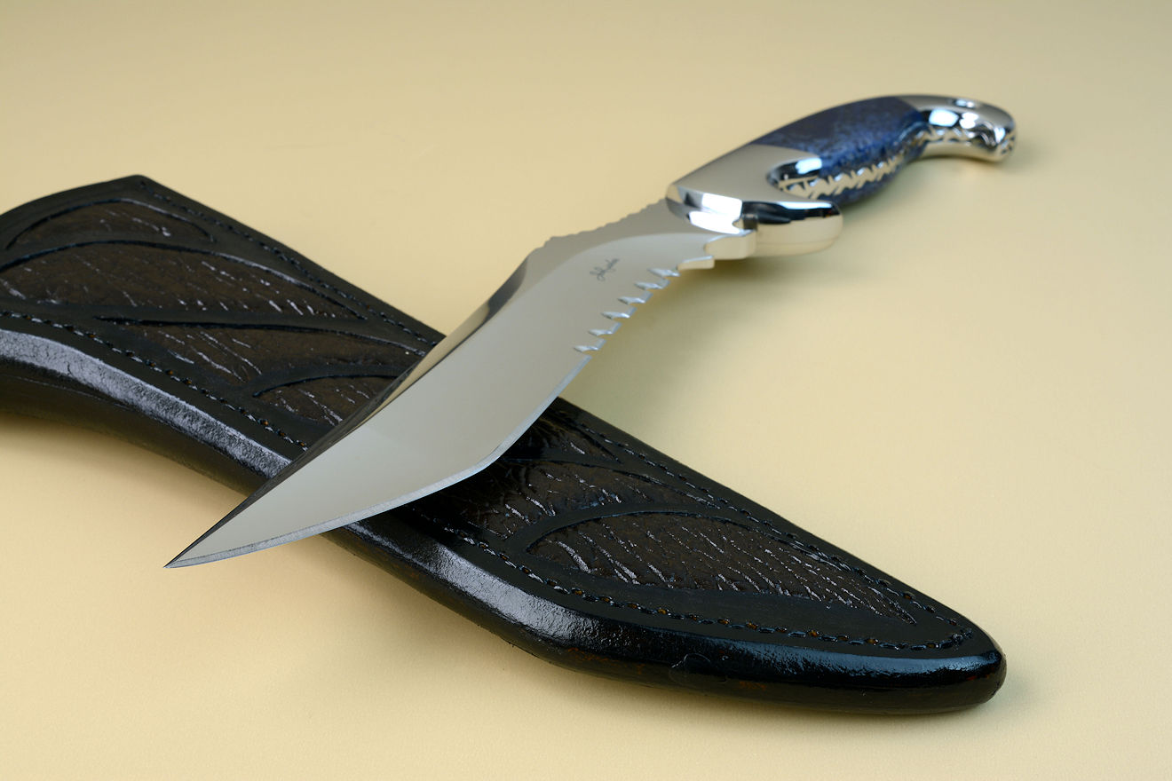 "Arcturus" obverse side view in CPM154CM powder metal technology stainless steel blade, 304 stainless steel bolsters, Dumortierite gemstone handle, shark skin inlaid in hand-carved leather sheath