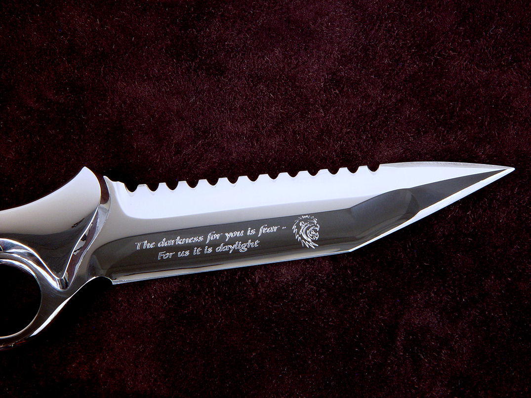 "Ari B'Lilah" Tactical Combat Counterterrorism commemorative Knife, obverse side view in CPM154CM high Molybdenum Powder metal technology stainless steel blade, 304 stainless steel  bolsters, Sardius (Jasper) gemstone handle, tension-locking sheath of kydex, aluminum, stainless steel, 6AL4V titanium, ultimate belt loop extender