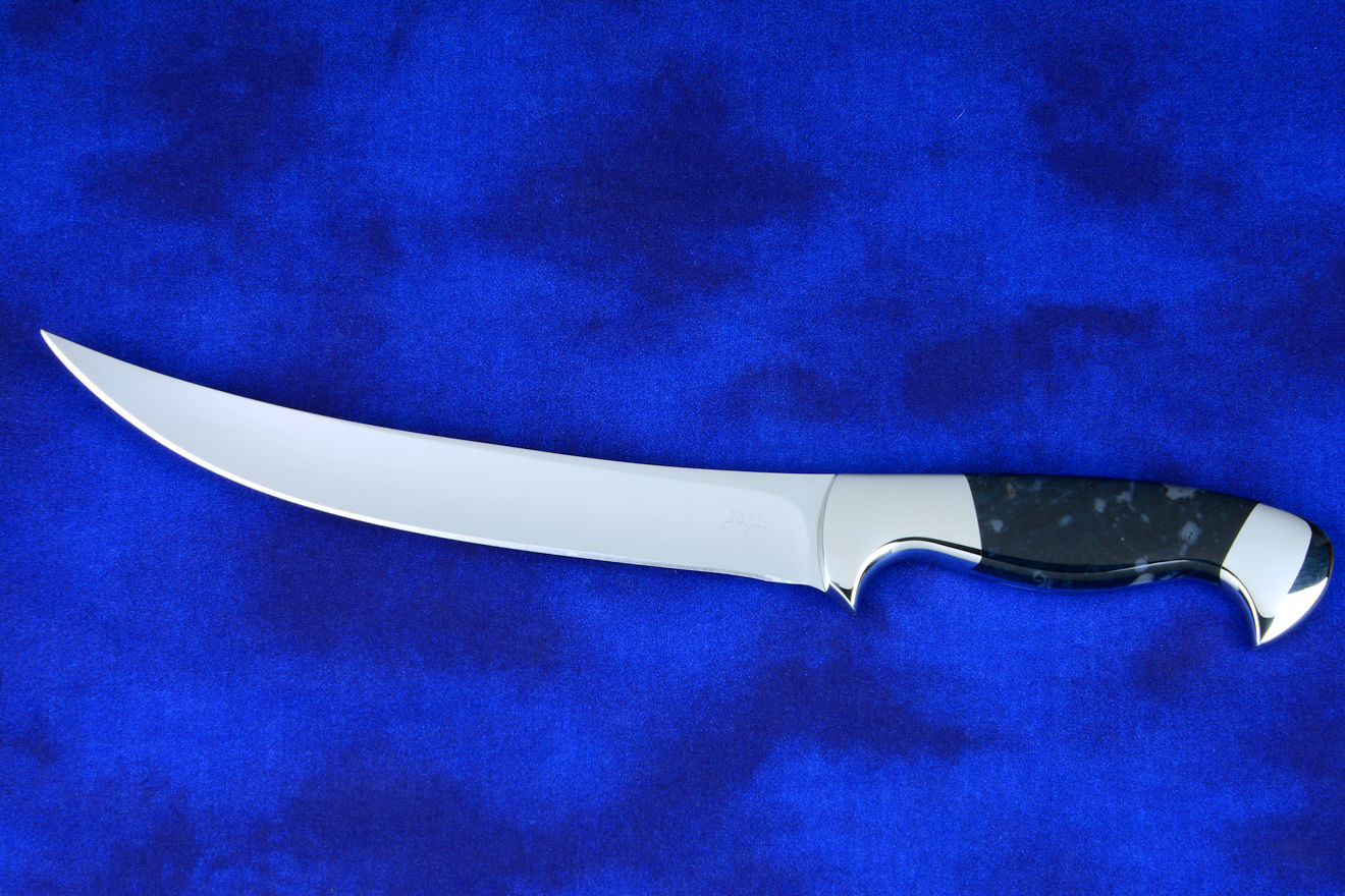 "Courbe" Professional Chef's Trimming, Boning knife, obverse side view in T3 cryogenically treated 440C high chromium stainless steel blade, 304 stainless steel bolsters, Night Leopard Agate gemstone handle