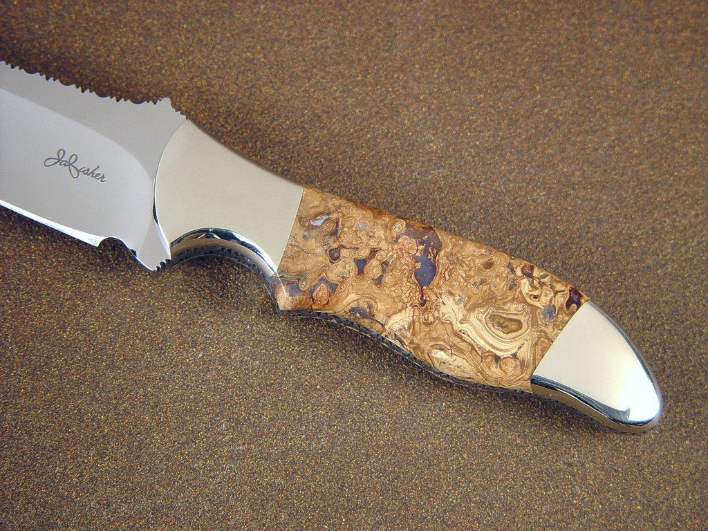 "Calisto" custom handmade knife, obverse side view, 440C stainless steel blade, nickel silver bolsters, Fossilized Cretaceous Algae gemstone handle, locking kydex, aluminum, stainless steel sheath