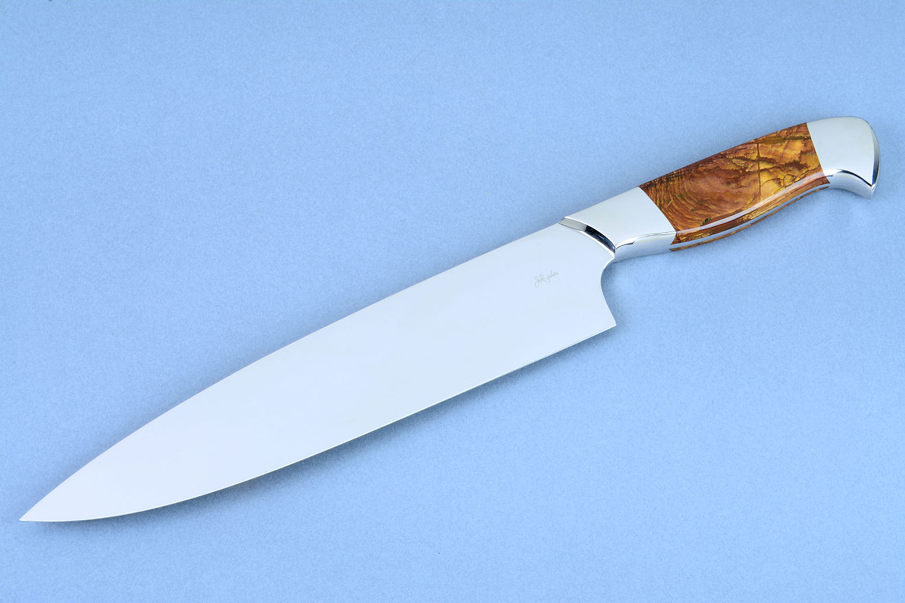 "Concordia" fine handmade chef's knife, best knives, obverse side view of flat ground CPM154CM high molybdenum stainless steel blade, 304 stainless steel bolsters, Deschutes Jasper gemstone handle