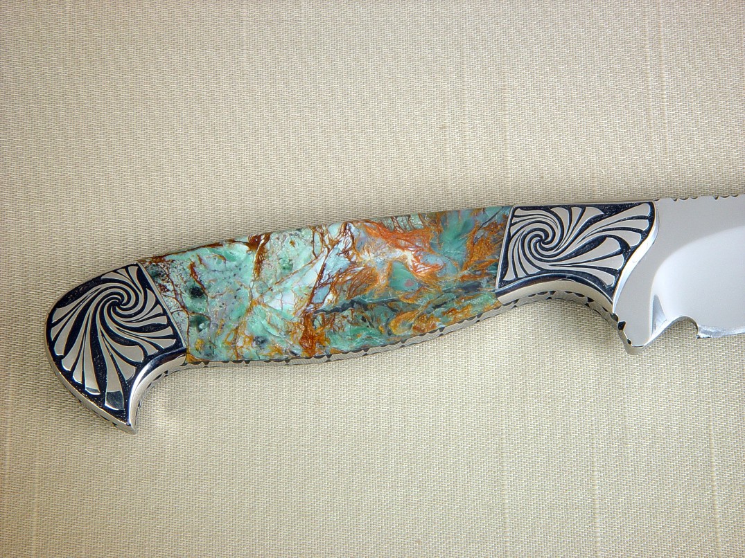 "Eridanus" in 440C high chromium stainless steel blade, hand-engraved 304 stainless steel bolsters, Plasma Agate gemstone handle, Elephant skin inlaid in hand-carved leather sheath