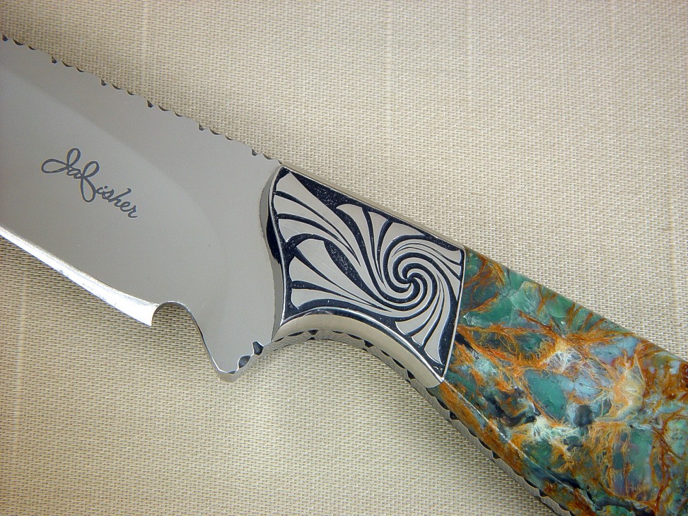 "Eridanus" obverse side view in 440C high chromium stainless steel blade, hand-engraved 304 stainless steel bolsters, Plasma Agate gemstone handle, Elephant skin inlaid in hand-carved leather sheath