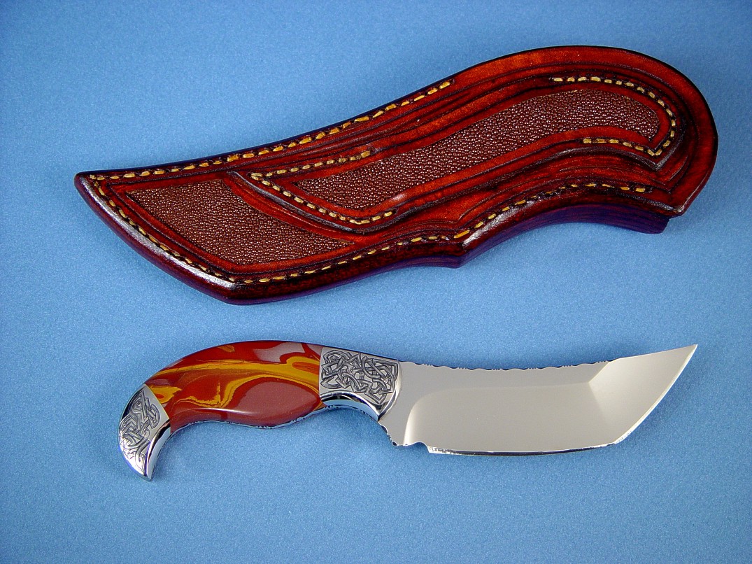 "Izanagi" fine handmade knife, reverse side view: 440C high chromium stainless steel blade, hand-engraved 304 stainless steel bolsters, Noreena Jasper Gemstone  handle, Rayskin inlaid in hand-carved leather sheath