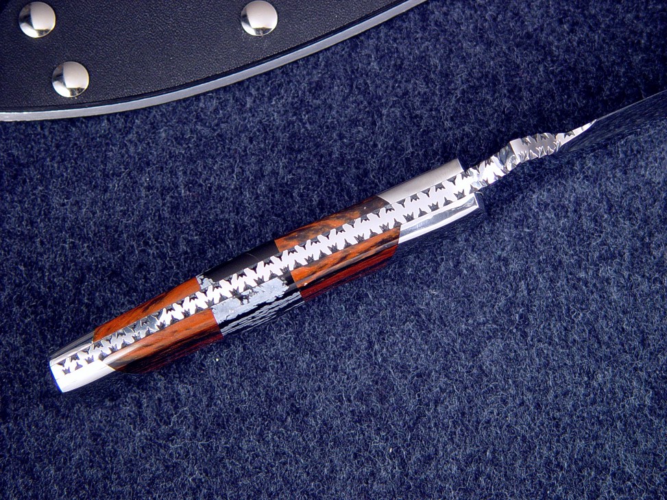 "Kadi" in 440C high chromium stainless steel blade, filework view. Handle is Mahogany Obsidian, Snowflake Obsidian gemstone