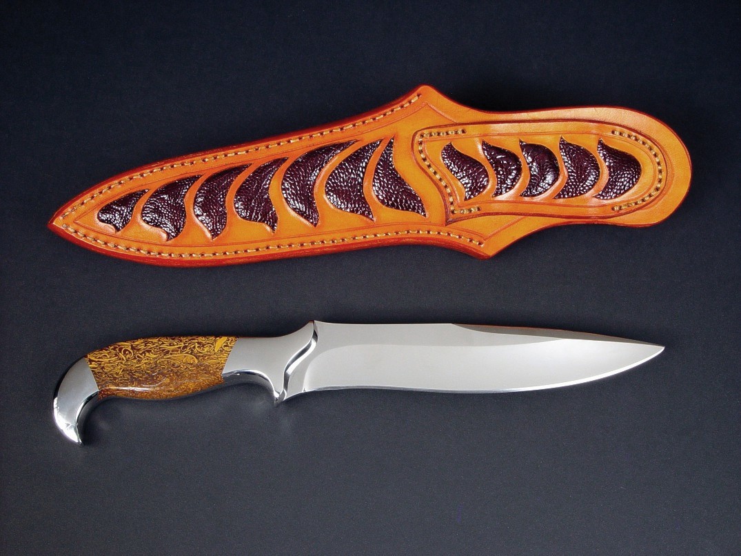 "Kapteyn" obverse side view in 440C high chromium stainless steel blade, 304 stainless steel bolsters, Cobra Jasper (Script stone) gemstone handle, Ostrich leg skin inlaid in hand-carved leather sheath