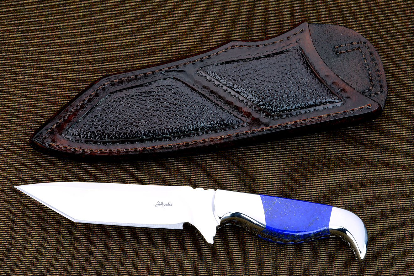 "Last Chance" obverse side view in CTS-XHP high chromium stainless powder metal technology blade, 304 stainless steel bolsters, Lapis Lazuli gemstone handle, buffalo skin inlaid in hand-carved leather sheath