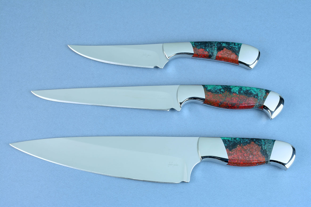 "Llano Sunrise" Chef's Set in T3 cryogenically treated 440C high chromium martensitic stainless steel blades, 304 stainless steel bolsters, Cuprite Mosaic gemstone handles, stand/block in ebonized hard maple, poplar, copper, black galaxy granite base