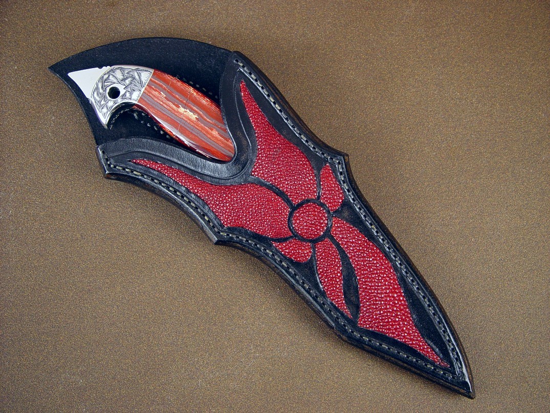 "Mercurius Magnum" Tactical Art Knife, obverse side view: 440C high chromium stainless tool steel blade, hand-engraved 304 stainless steel bolsters, Australian Snakeskin Jasper gemstone handle, red stingray skin inlaid in hand-carved leather sheath