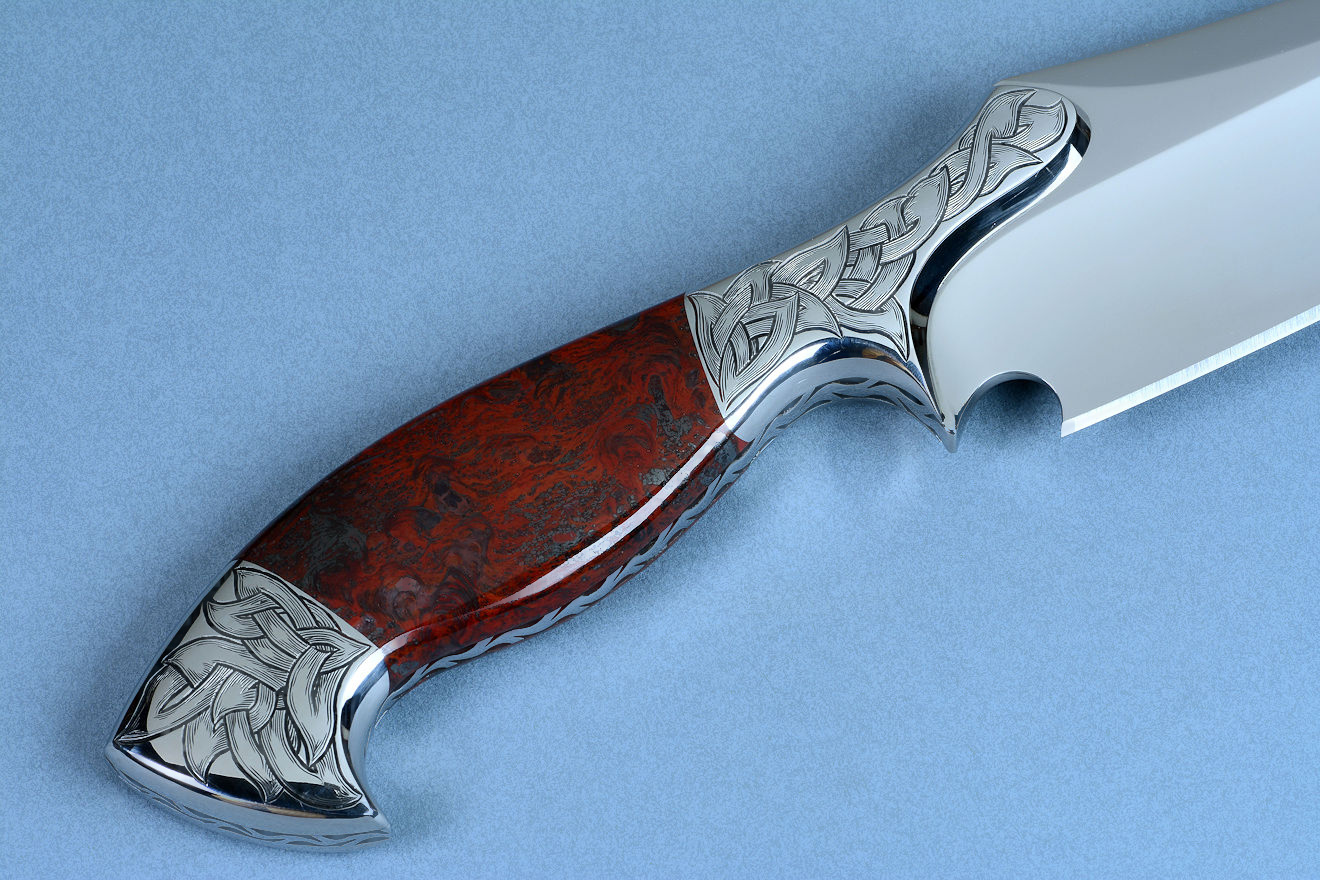 "Mesabi" custom knife sculpture in hand-cast bronze, 440C high chromium stainless steel blade, 304 hand-engraved stainless steel bolsters, Fossilized Stromatolite Chert gemstone