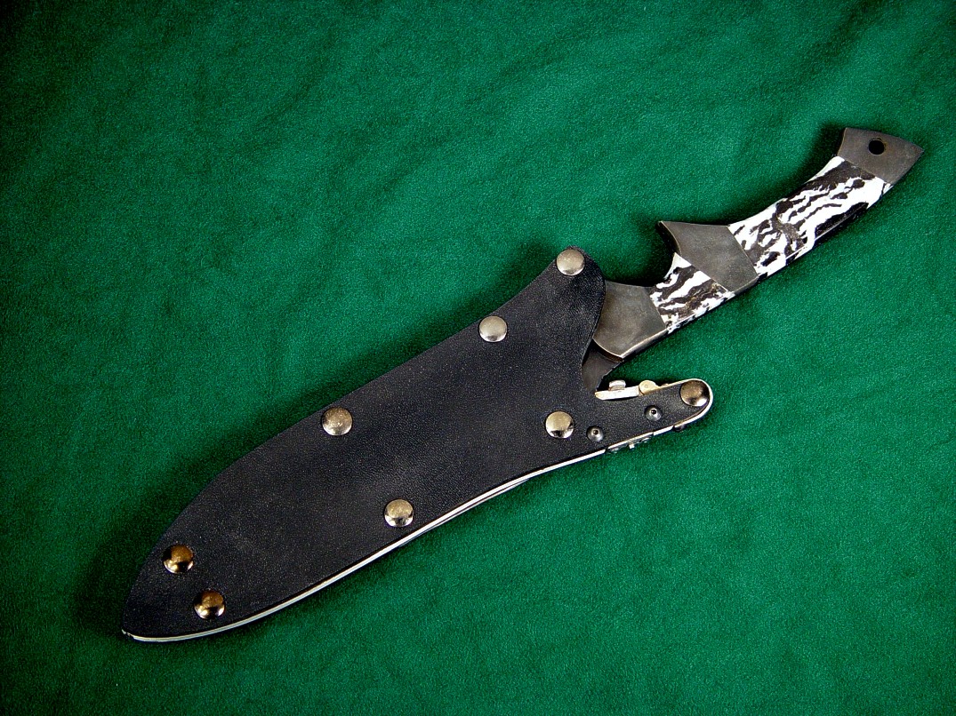 "Minuteman" tactical combat knife in bead blasted, hot blued O1 high carbon tungsten-vanadium tool steel blade, carbon steel bolsters, Zebra Marble gemstone handle, locking kydex, aluminum, stainless steel sheath