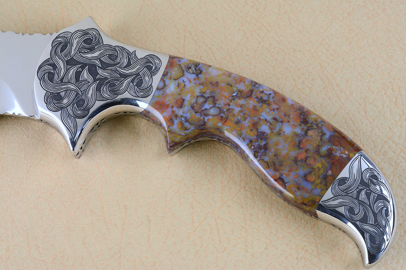 "Orion" obverse side view in 440C high chromium stainless steel blade, hand-engraved 304 stainless steel bolsters, Rio Grande Agate gemstone  handle, hand-carved leather sheath inlaid with frog skin