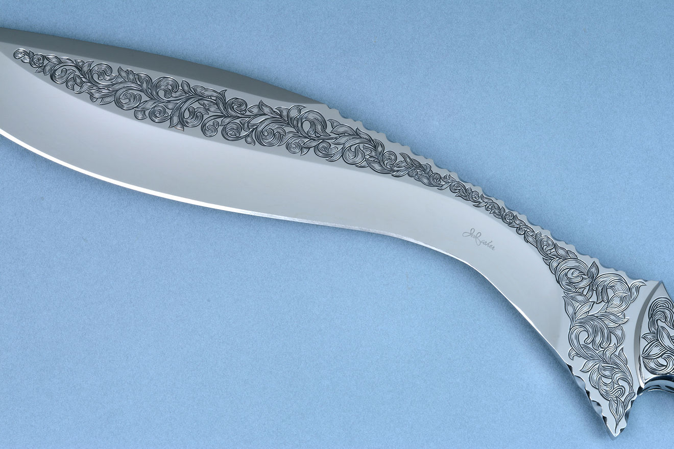 "Pallene" obverse side view, blade flat engraving detail in CPM154CM powder metal technology tool steel