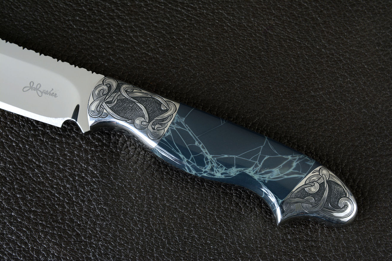 "Regulus" obverse side view in 440C high chromium stainless steel blade, hand-engraved 304 stainless steel bolsters, Spiderweb Obsidian gemstone  handle, Frog skin inlaid in hand-carved leather sheath