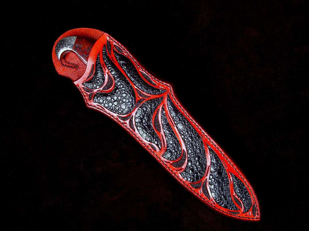 "Sargon" obverse side view in CPM154CM high molybdenum stainless steel blade, hand-engraved 304 stainless steel bolsters, Fossilized Stromatolite Algae gemstone handle, Frog skin inlaid in hand-carved leather sheath