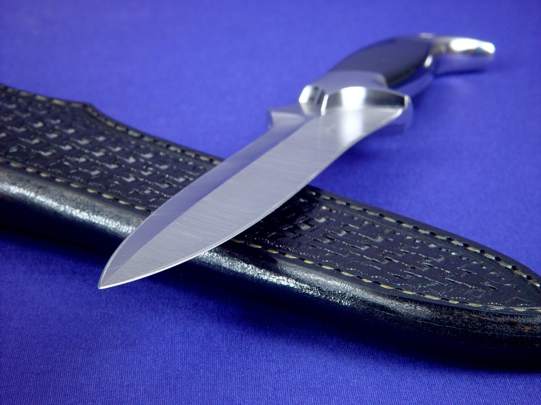 "Treatymaker LT" obverse side view in CPMS60V high vanadium tool steel blade, 304 stainless steel bolsters, Australian Black Jade gemstone handle, black basketweave leather sheath