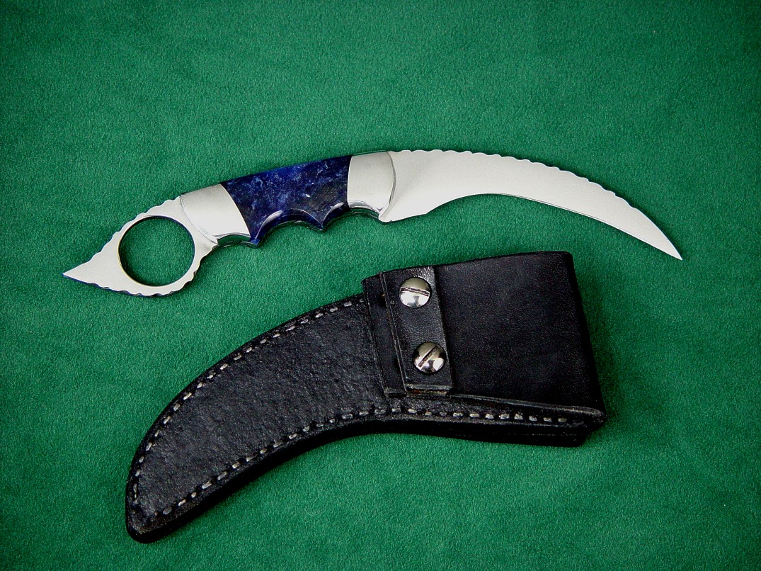 "Wardlow Kerambit" in 440C high chromium stainless steel blade, 304 stainless steel bolsters, Sodalite gemstone handle, basketweaved leather sheath