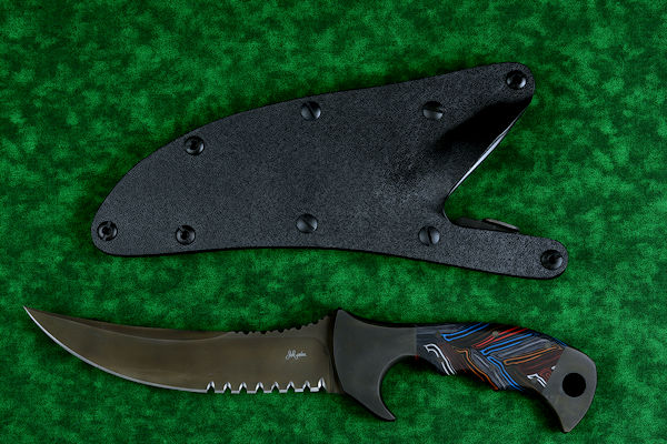 "Ghroth" tactical, counterterrorism, survival knife, obverse side view in T4 cryogenically treated CPM154 CM powder metal technology high molybdenum stainless steel blade, 304 stainless steel bolsters, multicolored G10 fiberglass/epoxy composite laminate handle, positively locking sheath in kydex, anodized aluminum, anodized titanium, black oxide stainless steel