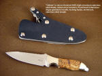 "Calisto" custom handmade knife, obverse side view, 440C stainless steel blade, nickel silver bolsters, Fossilized Cretaceous Algae gemstone handle, locking kydex, aluminum, stainless steel sheath