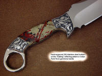 "Bulldog" fine tactical, art knife, obverse side view in 440C high chromium stainless steel blade, hand-engraved 304 stainless steel bolsters, Indian Paint Rock gemstone handle, ostrich leg skin inlaid in hand-carved leather sheath