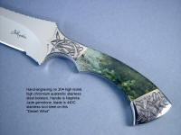 "Desert Wind"  Persian Dagger in 440C high chromium stainless steel blade, hand-engraved 304 stainless steel bolsters, Mossy Nephrite Jade gemstone  handle, stainless steel engraved sheath, Wenge, Cocobolo, Purpleheart hardwood, with custom display stand