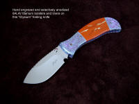 "Elysium" liner lock folding knife, obverse side view in ATS-34 high molybdenum stainless steel blade, hand-engraved titanium bolsters and liners, Red River Jasper gemstone handle, Anthorsite stone case