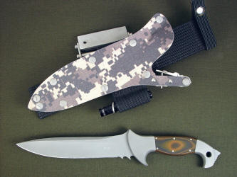 "Anzu" fine combat, tactical knife, obverse side view in CPMS30V high vanadium tool steel blade, 304 stainless steel bolsters, Tiger Stripe G10 fiberglass epoxy laminate composite handle, digi-camo desert kydex locking sheath with ultimate extender package and accessories