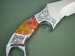 "Argiope" reverse side handle detail. Polvadera Jasper gemstone handle is striking, very hard, tough, and durable.