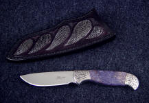 Aurora in 440C stainless blade steel, 304 stainless bolsters, Dumortierite gemstone, gray lizard skin sheath