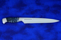 "Bordeaux" professional slicing knife, reverse side view in T3 deep cryogenically treated 440C high chromium stainless steel blade, 304 stainless steel bolsters, Night Leopard Agate gemstone handle