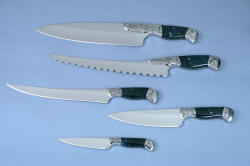 "Cassiopeia" fine custom chef's knives set, consisting of "Shedar" chef's knife, "Tsih" slicing knife, "Achird" paring knife, "Segin" utility knife, and "Caph" bread knife in T3 cryogenically treated 440C high chromium stainless steel blades, hand-engraved 304 stainless steel bolsters, Indian Green Moss Agate gemstone handles