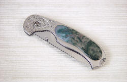 "Izar" folding knife folded view, 304SS thumb bob, milled lanyard hole