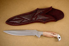 "Kapteyn" Obverse side view: 440C high chromium stainless steel blade, 304 stainless steel bolsters, Antelope Jasper gemstone knife handle, lizard skin inlaid in hand-carved leather knife sheath