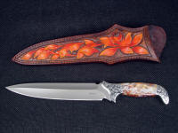 "Kotori" in ATS-34 high molybdenum stainless steel blade, hand-engraveds 304 stainless steel bolsters, Carnival Lace Agate gemstone handle, hand-carved, hand-dyed leather sheath