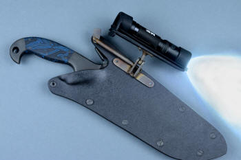 "Utamu" Custom Crossover, Survival, Tactial knife, mounted HULA accessory view in T4 cryogenically treated CPM 154CM powder metal high molybdenum martensitic stainless steel blade, 304 stainless steel bolsters, blue/black G10 compos000ite handle, positively locking sheath of kydex, anodized aluminum, black oxide stainless steel, anodized titanium