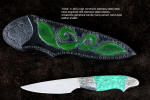 "Nihal" obverse side view in 440C high chromium stainless steel blade, hand-engraved 304 stainless steel bolsters, Amazonite gemstone handle, hand-carved, hand-dyed leather sheath