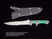 "Patriot" in 440C high chromium stainless steel blade, hand-engraved 304 stainless steel bolsters, Chrysocolla gemstone handle, locking kydex, aluminum, stainless steel sheath