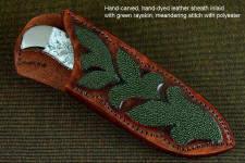 "Menkar" obverse side view in CPM154CM powder metal technology tool steel blade, 304 stainless steel bolsters, Dendritic Agate gemstone handle, hand-carved, hand-dyed leather sheath inlaid with green rayskin