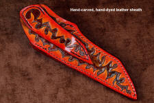 "Nishi" obverse side view in 440C high chromium stainless steel blade, hand-engraved 304 stainless steel bolsters, Sonoran Flame Agate gemstone handle, hand-carved, hand-dyed leather sheath