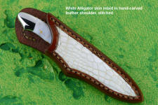 "Nunki" in 440C high chromium stainless steel blade, 304 stainless steel bolsters, Orbicular Agate gemstone handle, Alligator skin inlaid in hand-carved leather sheath