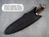 "Phlegra" Khukri, Obverse side view: bead blasted, hot blued O-1 high carbon tungsten vanadium tool steel blade, 304 stainless steel bolsters, Ziricote exotic hardwood handle, hand-tooled leather sheath