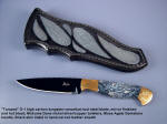 Fine Handmade Knife: "Tarazed" obverse side view: blued O-1 oil  hardening tool steel blade, Mokume Gane bolsters, Agate gemstone handle, Sharkskin inlaid in hand-carved leather sheath