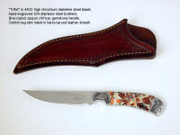 "Trifid" obverse side view in 440C high chromium stainless steel blade, hand-engraved 304 stainless steel bolsters, Brecciated Jasper gemstone handle, Ostrich leg skin inlaid in hand-carved leather sheath