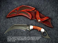 "Triton" in blued O-1 tool steel blade, carbon steel bolsters, Red Tigereye Quartz gemstone handle, Cape Buffalo skin inlaid in hand-carved leather sheath